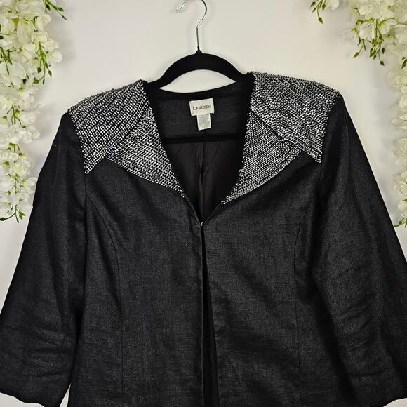 Chicos Black Linen Blend Blazer Sz 2 Large Silver Chain Collar Edgy Chic Office - Picture 3 of 11